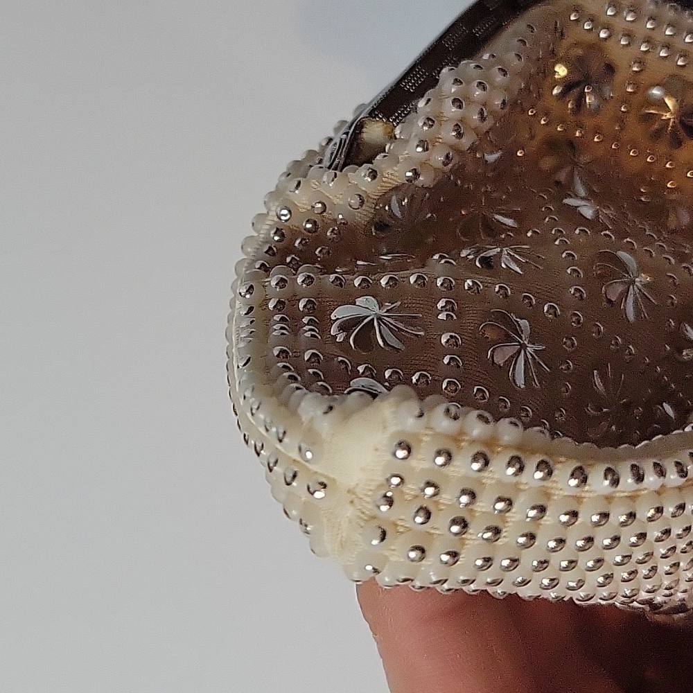 Vintage Cream Clutch with Silver Beads and Wristlet - Picture 9 of 10